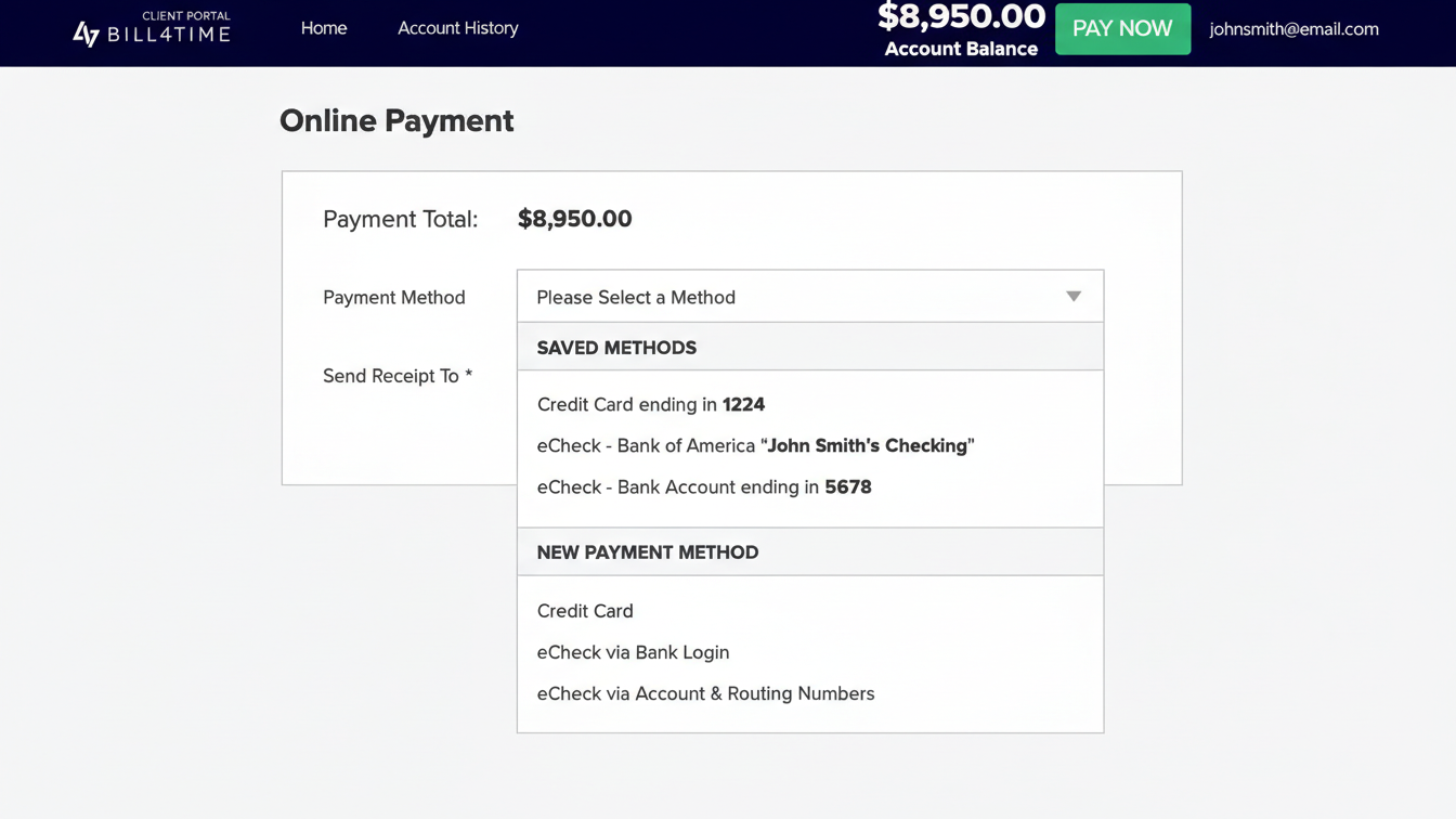 BillForTime login online payment dashboard showing account balance and payment options