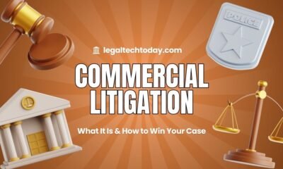 Commercial litigation attorneys reviewing business contracts and legal documents in modern law office conference room