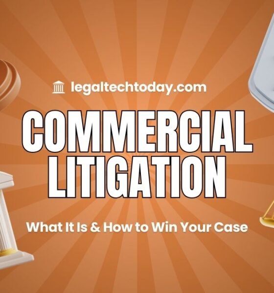 Commercial litigation attorneys reviewing business contracts and legal documents in modern law office conference room