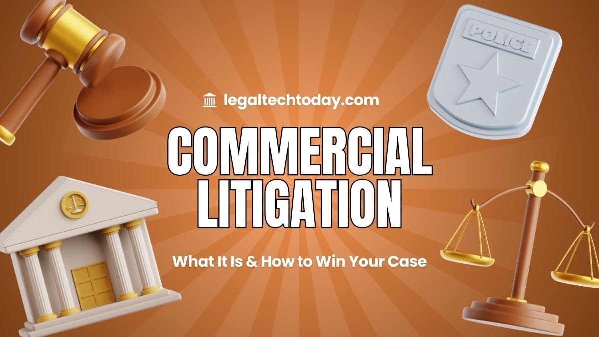 Commercial litigation attorneys reviewing business contracts and legal documents in modern law office conference room