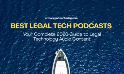 Best Legal Tech Podcasts 2026 guide featuring headphones, microphone, and legal technology icons