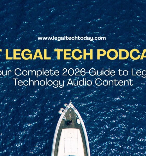 Best Legal Tech Podcasts 2026 guide featuring headphones, microphone, and legal technology icons