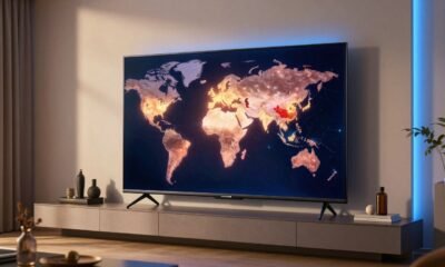 Modern Vizio smart TV in a stylish living room showing global manufacturing locations including China, Mexico, Taiwan, and the USA
