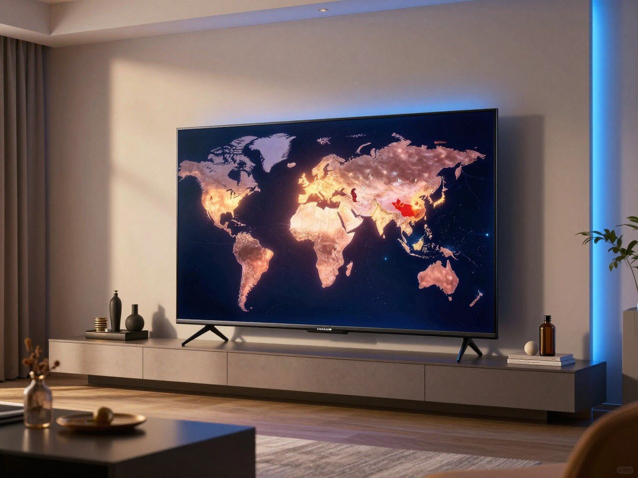 Modern Vizio smart TV in a stylish living room showing global manufacturing locations including China, Mexico, Taiwan, and the USA
