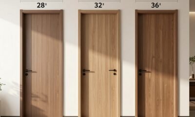 Typical door width comparison showing 28 inch, 32 inch, and 36 inch standard interior and exterior door sizes in a modern home hallway
