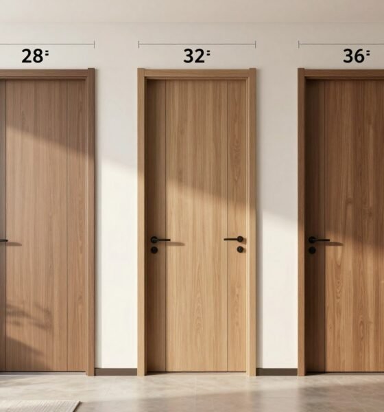 Typical door width comparison showing 28 inch, 32 inch, and 36 inch standard interior and exterior door sizes in a modern home hallway