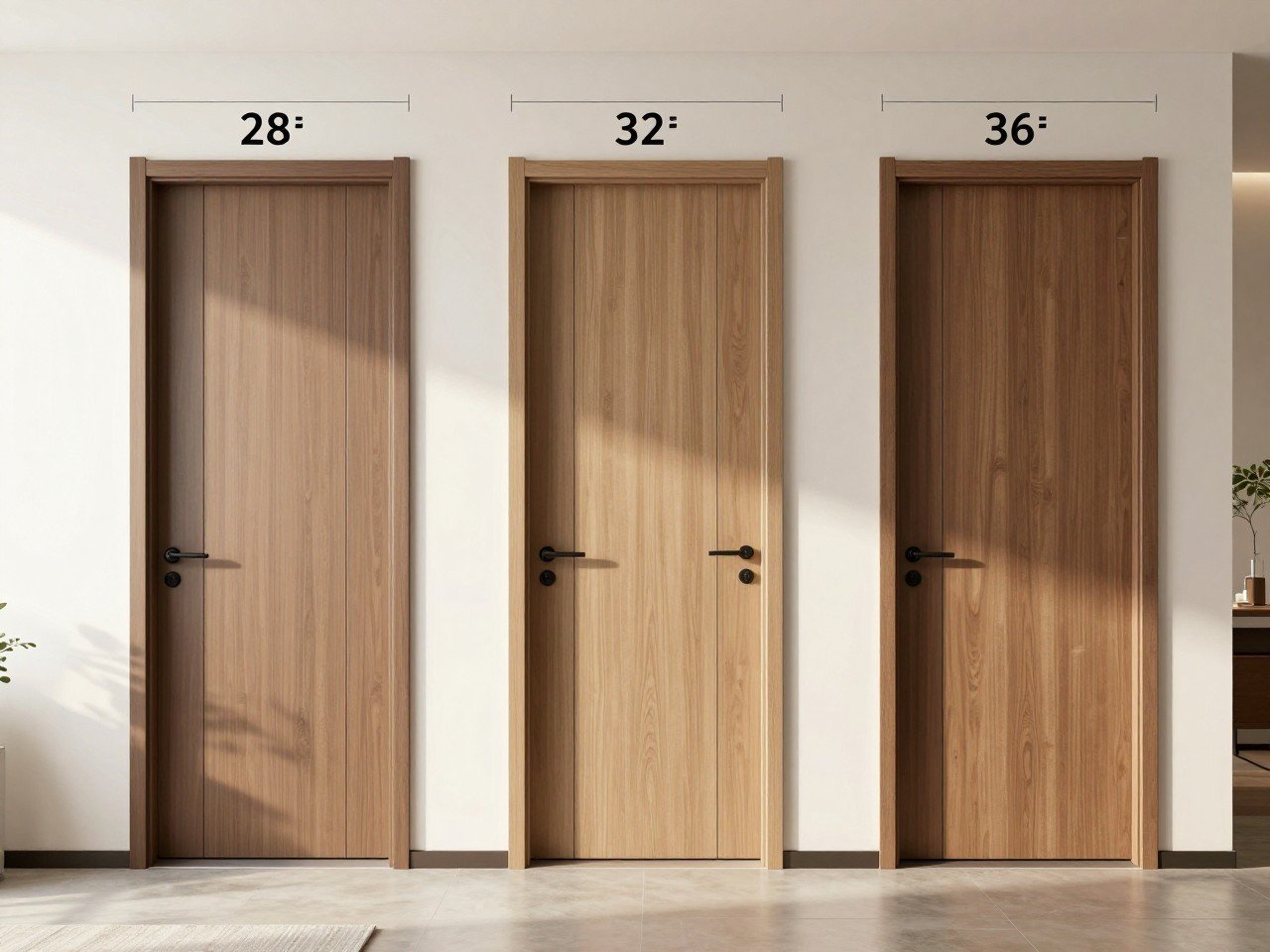 Typical door width comparison showing 28 inch, 32 inch, and 36 inch standard interior and exterior door sizes in a modern home hallway