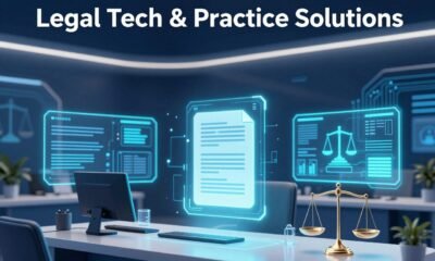 Legal Tech & Practice Solutions showing AI-powered legal technology, digital law firm automation, and futuristic legal research systems transforming modern law firms in 2026