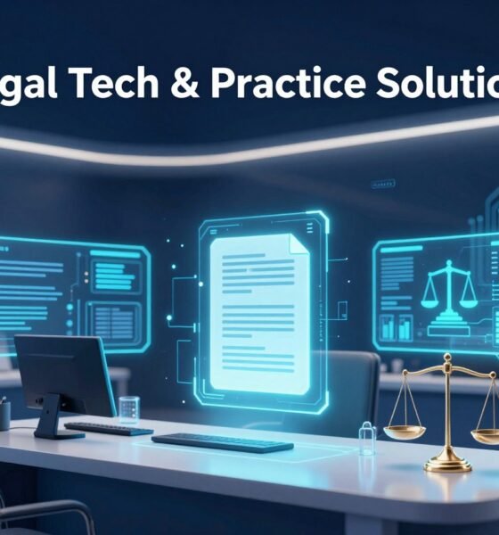 Legal Tech & Practice Solutions showing AI-powered legal technology, digital law firm automation, and futuristic legal research systems transforming modern law firms in 2026