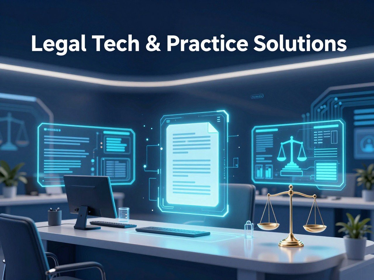 Legal Tech & Practice Solutions showing AI-powered legal technology, digital law firm automation, and futuristic legal research systems transforming modern law firms in 2026