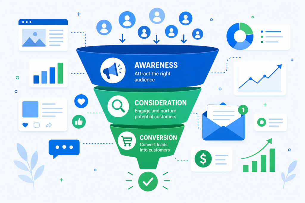 digital marketing funnel showing awareness consideration and conversion stages