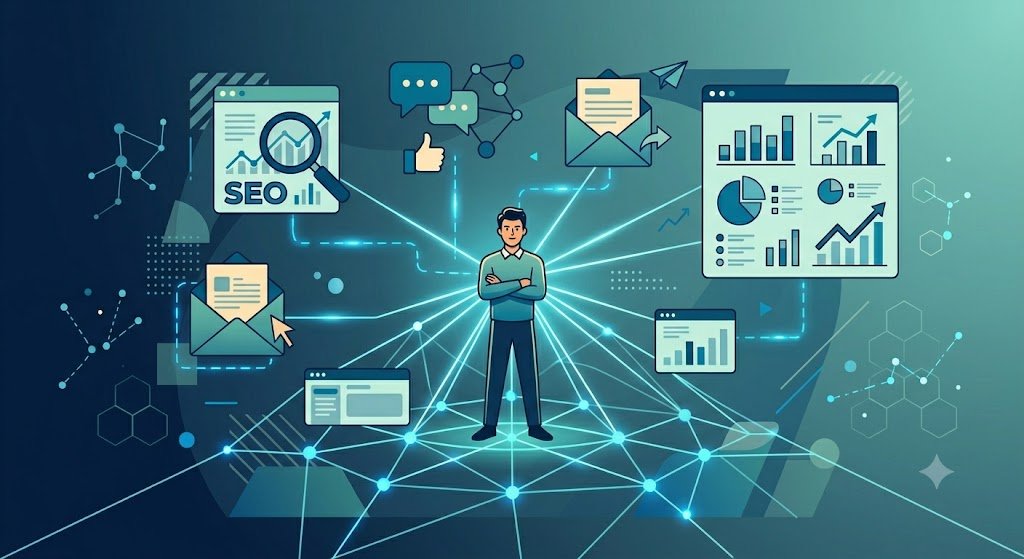 digital marketing expert connected to multiple online channels illustration